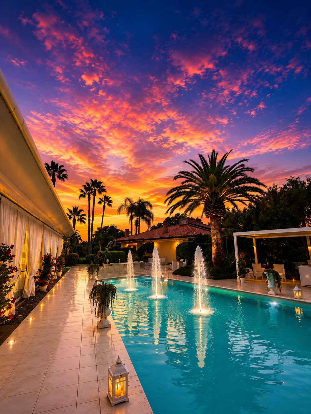 Villa Egidio: piscina e fontane illuminate al tramonto
